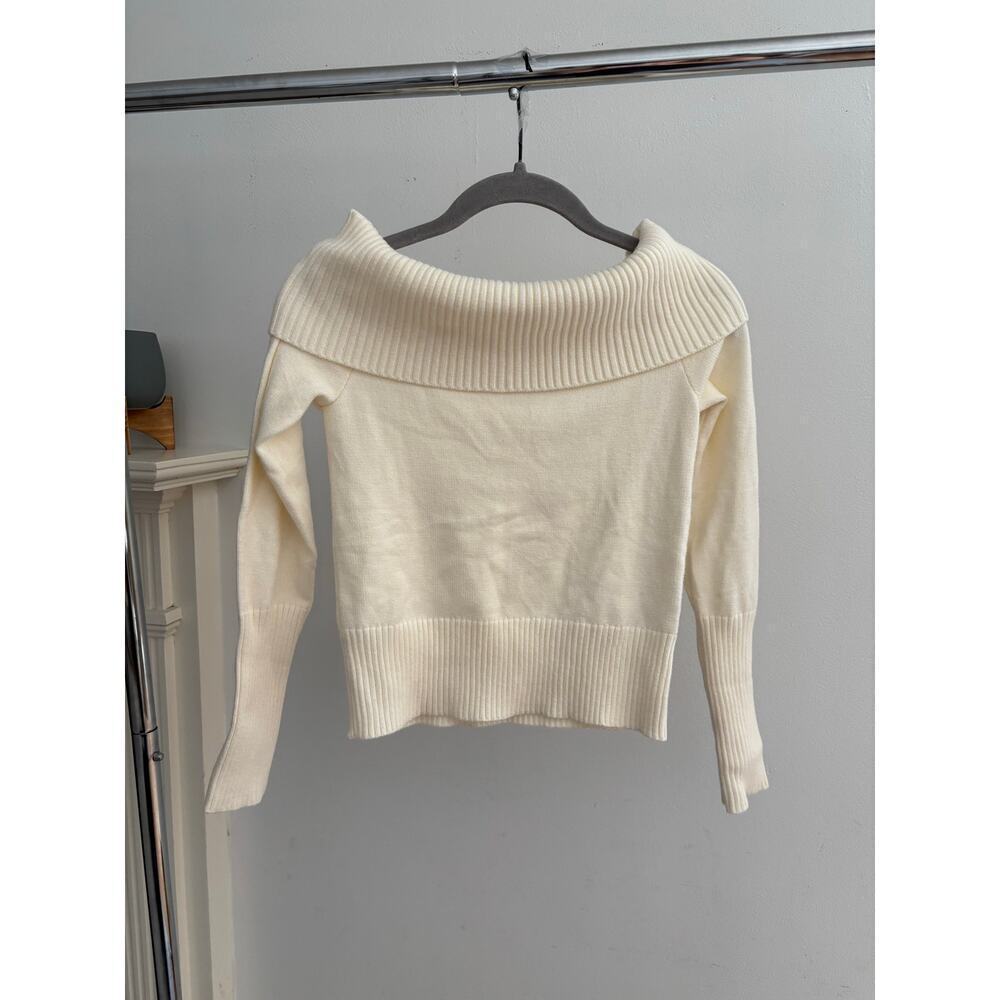Women’s Ivory Off Shoulder Sweater Ribbed Foldover Cowl Neck Knit Pullover - Picture 7 of 10